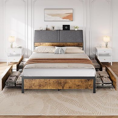 Queen Size Metal Platform Bed Frame - 4 Storage Drawers, Charging Station, Ergonomic Headboard