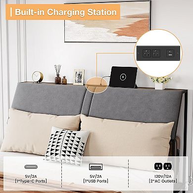 Queen Size Metal Platform Bed Frame - 4 Storage Drawers, Charging Station, Ergonomic Headboard
