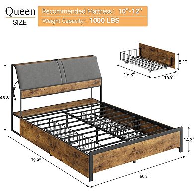 Queen Size Metal Platform Bed Frame - 4 Storage Drawers, Charging Station, Ergonomic Headboard