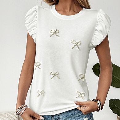 Women's Crew Neck Ruffle Cap Sleeve Embellished Bow Detail Soft Knit Casual Top