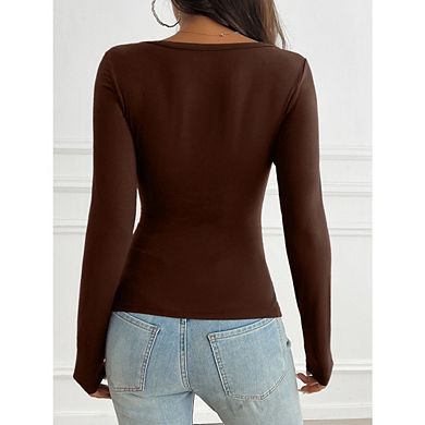 Women Long Sleeve Henley Shirts V Neck Front Ruched Button Tops Low Cut Fitted T-Shirt