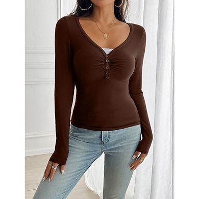 Women Long Sleeve Henley Shirts V Neck Front Ruched Button Tops Low Cut Fitted T-Shirt