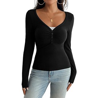 Women Long Sleeve Henley Shirts V Neck Front Ruched Button Tops Low Cut Fitted T-Shirt