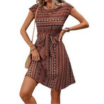 Women's Boho Print Dress Crew Neck Sleeveless Tie Waist A-Line Mini Dress for Vacation Beach
