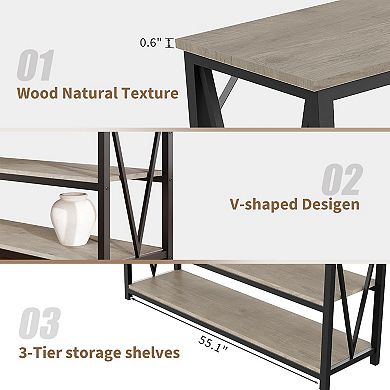 IDEALHOUSE 55-Inch 3-Tier Industrial Console Table, V-Shape Metal