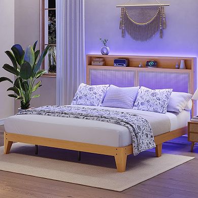 ANIXOL Rattan Bed Frame with LED Lights & Charging Station