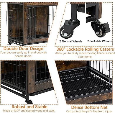 Small Dog Crate Furniture with 2 Doors and Locking Wheels