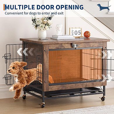 Small Dog Crate Furniture with 2 Doors and Locking Wheels