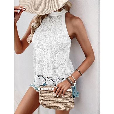Women's Lace Halter Top Scalloped Hem Back Tie Texture Floral Pattern Sleeveless Beach Blouse