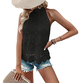 Women's Lace Halter Top Scalloped Hem Back Tie Texture Floral Pattern Sleeveless Beach Blouse