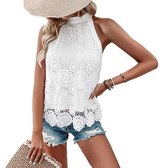 Women's Lace Halter Top Scalloped Hem Back Tie Texture Floral Pattern Sleeveless Beach Blouse