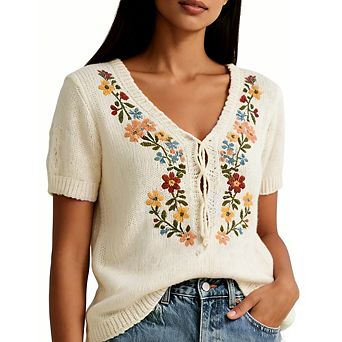 Women's Boho Floral Embroidered Tie V Neck Knit Top Boho Short Sleeve Sweater Vintage Pullover