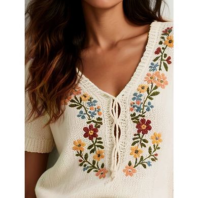 Women's Boho Floral Embroidered Tie V Neck Knit Top Boho Short Sleeve Sweater Vintage Pullover