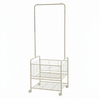 Rolling Metal Laundry Cart with Hanging Rack and Storage Shelves