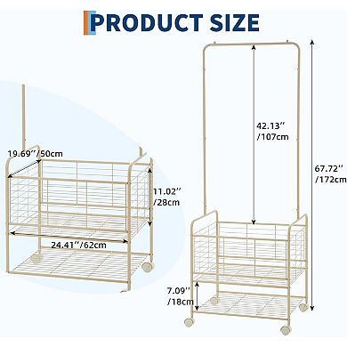 Rolling Metal Laundry Cart with Hanging Rack and Storage Shelves