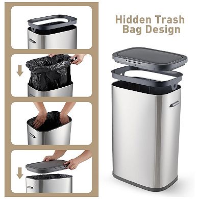 Kitchen Trash Can, 55L Rectangular Trash Can with Pop-up Lid, Stainless Steel Recycling Trash Can