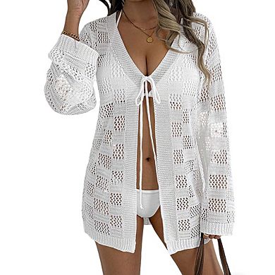 Women's V Neck Long Sleeve Open Knit Tie Front Relaxed Fit Mid Length Cover Up
