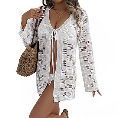 Women's V Neck Long Sleeve Open Knit Tie Front Relaxed Fit Mid Length Cover Up