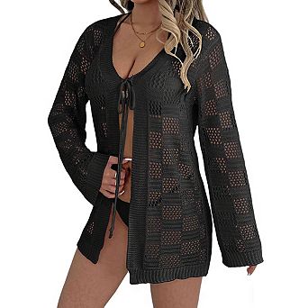 Women's V Neck Long Sleeve Open Knit Tie Front Relaxed Fit Mid Length Cover Up