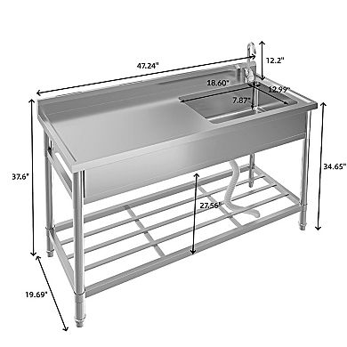 47x20x37" Stainless Steel Utility Sink with Workbench, Single Bowl Hot/Cold Faucet, Shelf