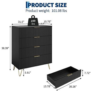 Modern Fluted Wood Dresser with 4 Drawers