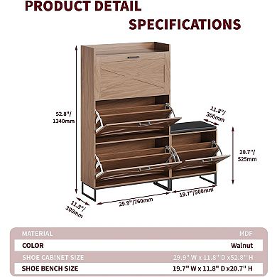 ANIXOL 4-Drawer Flip-Down Shoe Storage Cabinet with Bench