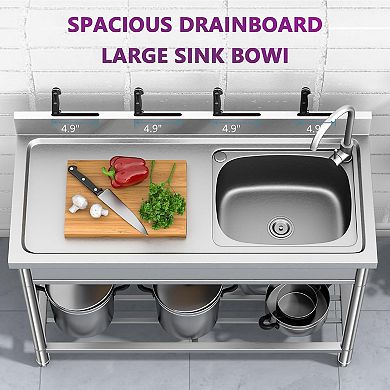 Stainless Steel Utility Sink with Workbench, Single Bowl w/Hot/Cold Faucet, Shelf & Drain Kit