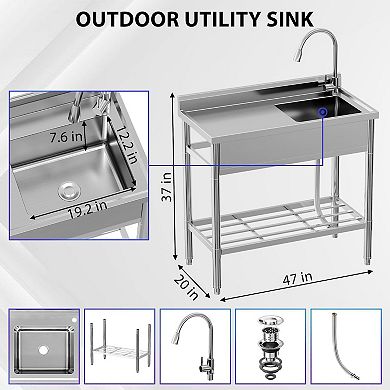 Stainless Steel Utility Sink with Workbench, Single Bowl w/Hot/Cold Faucet, Shelf & Drain Kit