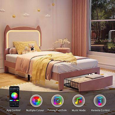 IDEALHOUSE Twin Bed Frame with Cat Headboard, LED Lights & Storage Drawer