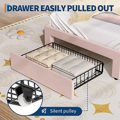 IDEALHOUSE Twin Bed Frame with Cat Headboard, LED Lights & Storage Drawer