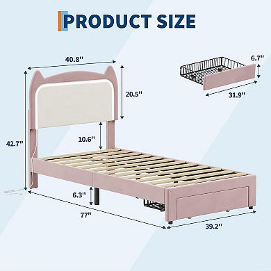IDEALHOUSE Twin Bed Frame with Cat Headboard, LED Lights & Storage Drawer