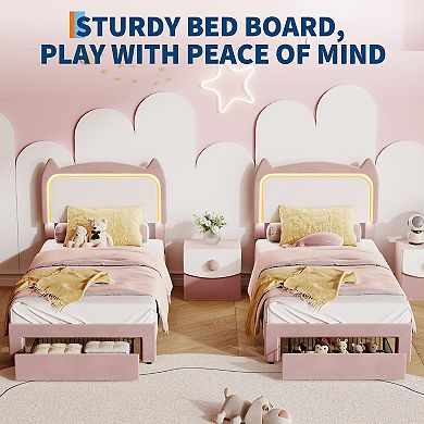 IDEALHOUSE Twin Bed Frame with Cat Headboard, LED Lights & Storage Drawer
