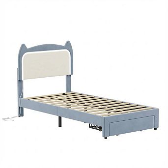 IDEALHOUSE Twin Bed Frame with Cat Headboard, LED Lights & Storage Drawer