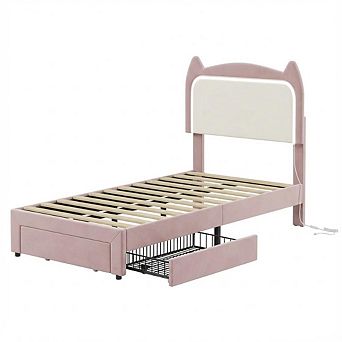 IDEALHOUSE Twin Bed Frame with Cat Headboard, LED Lights & Storage Drawer