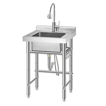 Stainless Steel Utility Sink, Freestanding Single Bowl w/360° Hot/Cold Faucet, Backsplash & S-Hooks