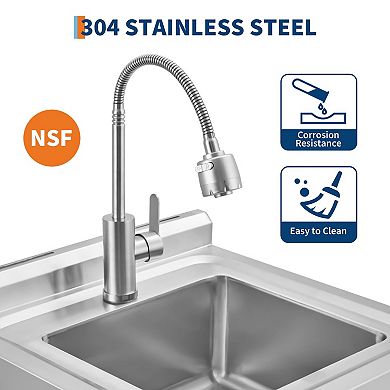 Stainless Steel Utility Sink, Freestanding Single Bowl w/360° Hot/Cold Faucet, Backsplash & S-Hooks
