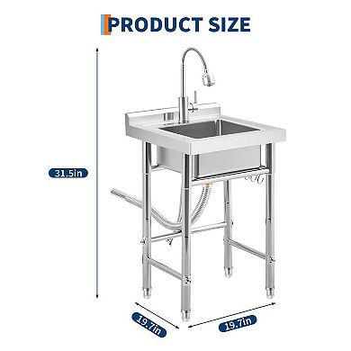 Stainless Steel Utility Sink, Freestanding Single Bowl w/360° Hot/Cold Faucet, Backsplash & S-Hooks