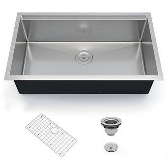 36" x 19" Undermount Workstation Sink, Stainless Steel Single Bowl w/Bottom Grid and Drain Kit