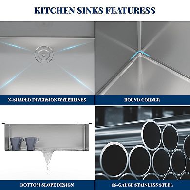 36" x 19" Undermount Workstation Sink, Stainless Steel Single Bowl w/Bottom Grid and Drain Kit