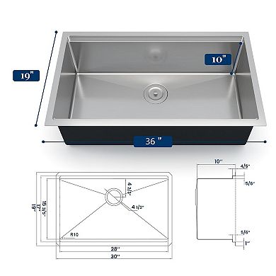 36" x 19" Undermount Workstation Sink, Stainless Steel Single Bowl w/Bottom Grid and Drain Kit