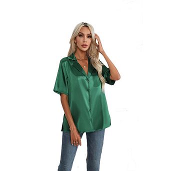 Women Silk Button Down Up Collared Shirts Short Sleeve V Neck Summer Tops Casual Work Satin Blouses