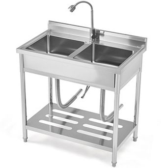 Stainless Steel Utility Sink, Freestanding Double Bowl w/360° Hot/Cold Faucet, Shelf & S-Hooks
