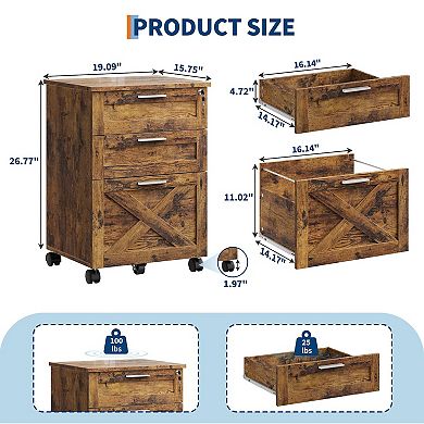 ANIXOL Locking 3-Drawer Mobile File Cabinet with Casters, Fits Under Desk