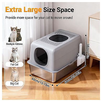 Stainless Steel Covered Litter Box for Large Cats with High Sides