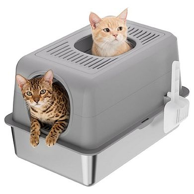 Stainless Steel Covered Litter Box for Large Cats with High Sides