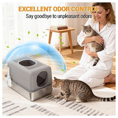 Stainless Steel Covered Litter Box for Large Cats with High Sides