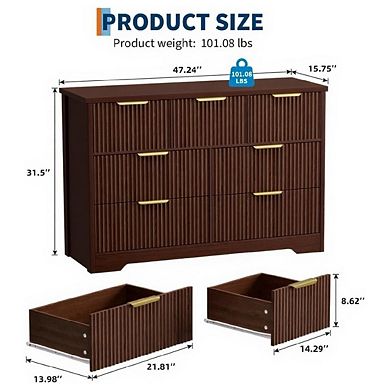 Modern Fluted Wood Dresser with 7 Drawers for Bedroom Storage