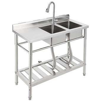 39" Freestanding 2-Compartment Stainless Steel Utility Sink Workstation w/Pull-Out Faucet & Shelves