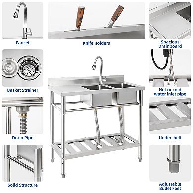 39" Freestanding 2-Compartment Stainless Steel Utility Sink Workstation w/Pull-Out Faucet & Shelves