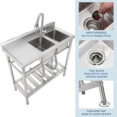 39" Freestanding 2-Compartment Stainless Steel Utility Sink Workstation w/Pull-Out Faucet & Shelves